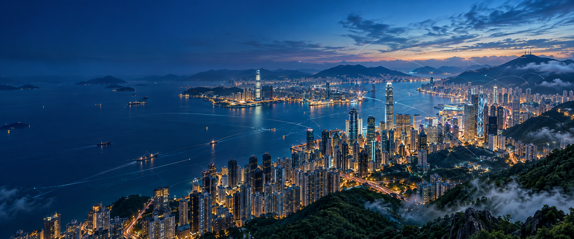 藍調時刻的香港城市、海港、山脈及相互連結的城市網絡 Aerial interpretation of Hong Kong, its harbour, mountains and connected urban networks